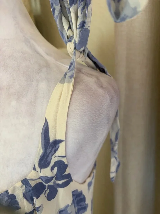Reformation Cream Maxi Dress with Blue Floral Print and Tie Shoulders - Picture 5 of 14